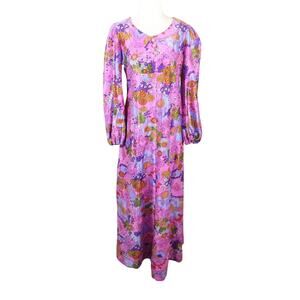 Vintage 70s pink and purple abstract floral long sleeve maxi dress M